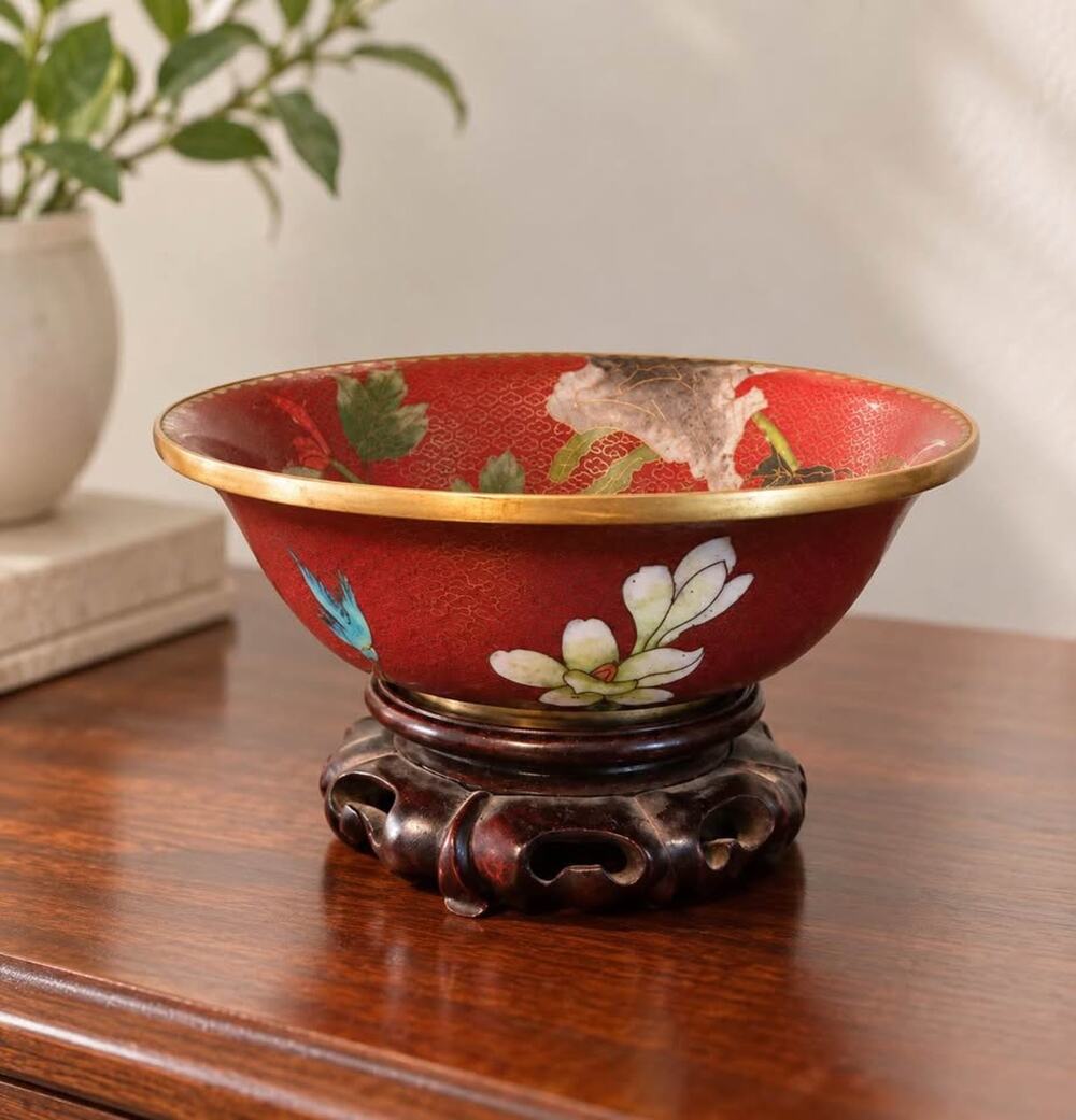 Chinese Cloisonné-Style Red Floral Bowl with Carved Wood Stand